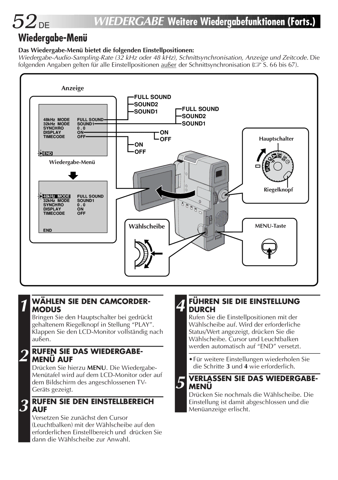 JVC HD-56ZR7U Weitere Wiedergabefunktionen Forts, Rufen SIE DAS WIEDERGABE- Menü AUF, Verlassenmenü SIE DAS Wiedergabe 