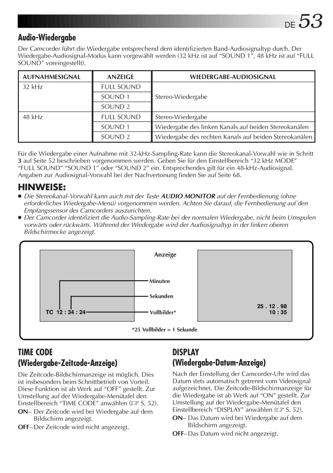 JVC HD-56ZR7U manual Audio-Wiedergabe, Aufnahmesignal Anzeige WIEDERGABE-AUDIOSIGNAL, Display Wiedergabe-Datum-Anzeige 