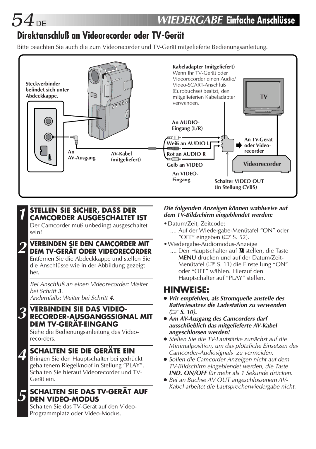 JVC HD-56ZR7U manual Wiedergabe Einfache Anschlüsse, Direktanschluß an Videorecorder oder TV-Gerät 