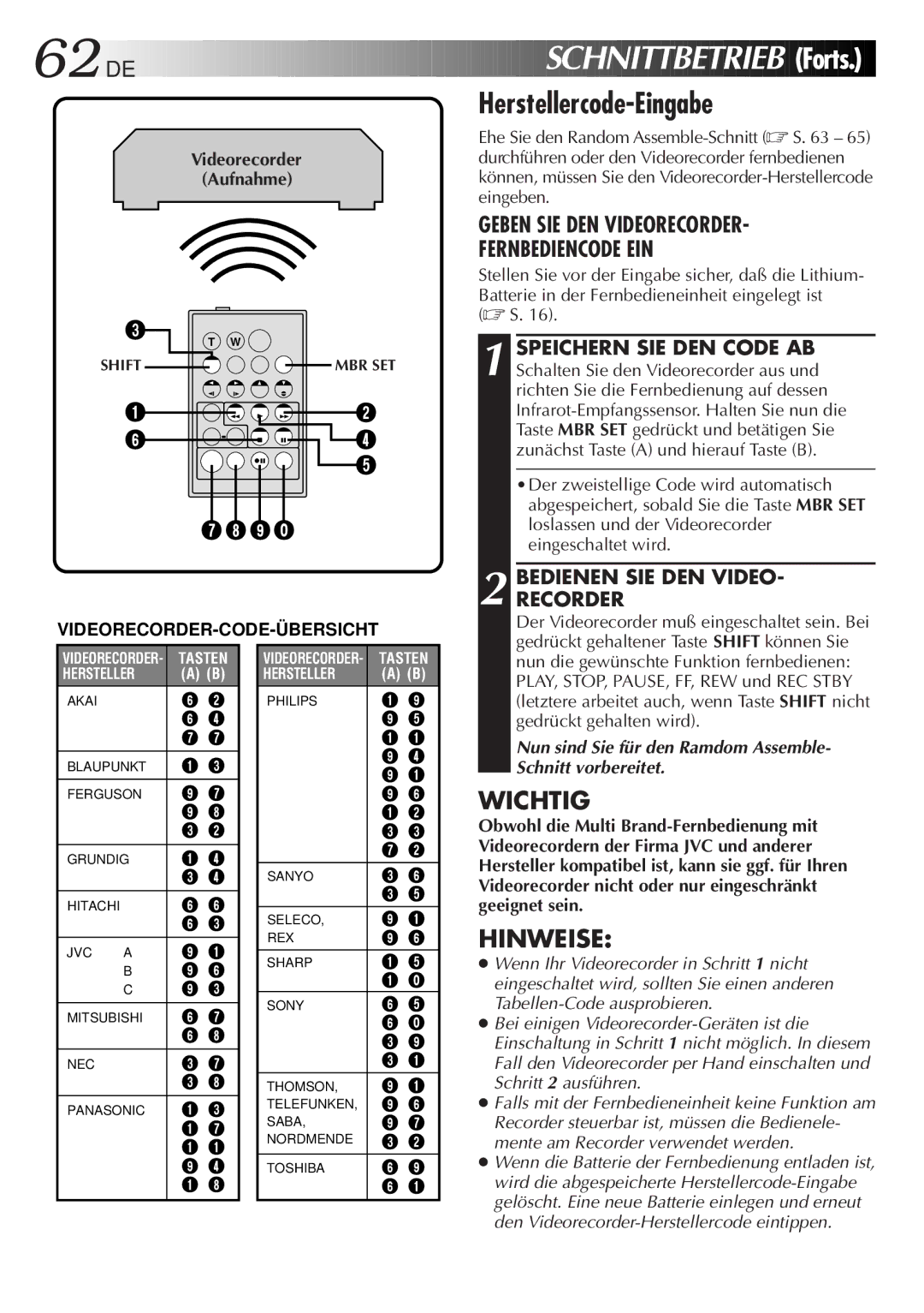 JVC HD-56ZR7U manual Herstellercode-Eingabe, Bedienenrecordersie DEN Video 