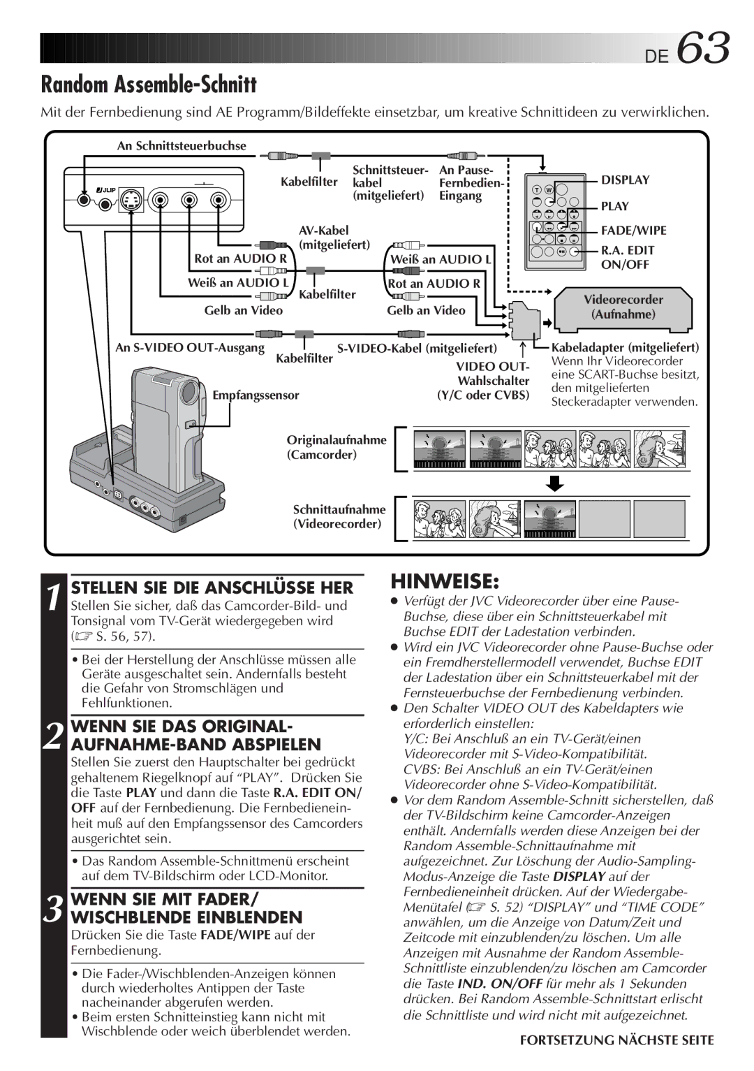 JVC HD-56ZR7U manual Random Assemble-Schnitt, Wenn SIE DAS ORIGINAL- AUFNAHME-BAND Abspielen 
