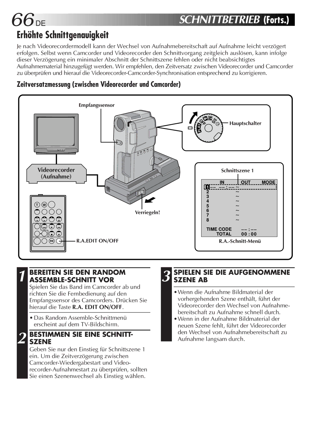 JVC HD-56ZR7U Erhöhte Schnittgenauigkeit, Bereiten SIE DEN Random ASSEMBLE-SCHNITT VOR, Bestimmenszene SIE Eine Schnitt 