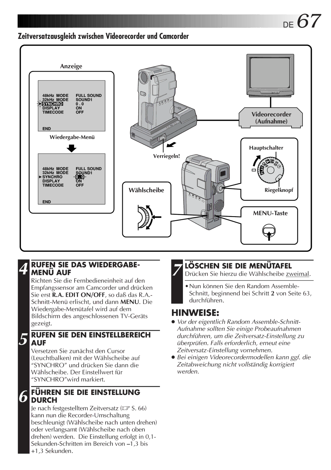 JVC HD-56ZR7U manual Zeitversatzausgleich zwischen Videorecorder und Camcorder 