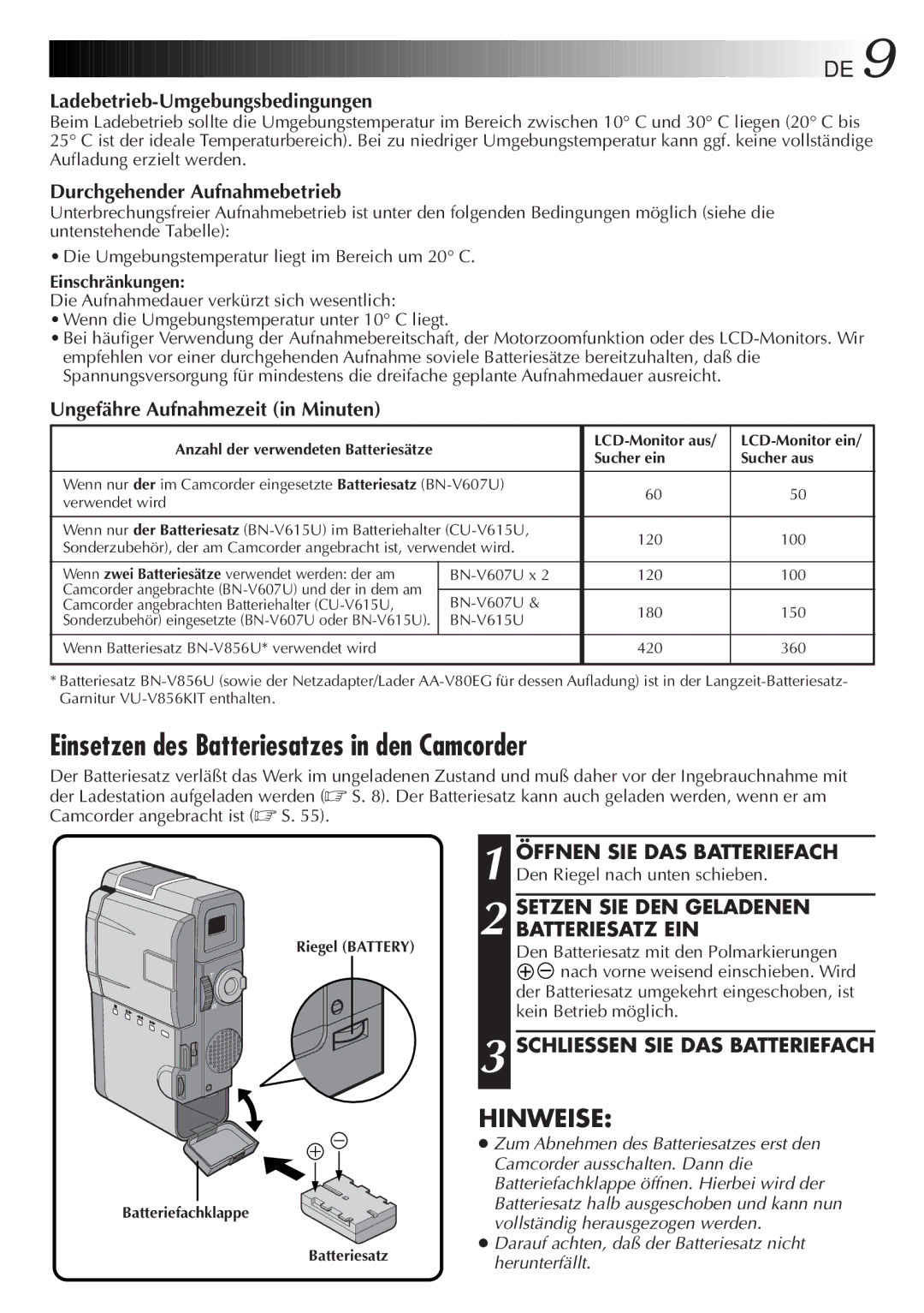 JVC HD-56ZR7U manual Einsetzen des Batteriesatzes in den Camcorder, Setzen SIE DEN Geladenen Batteriesatz EIN 