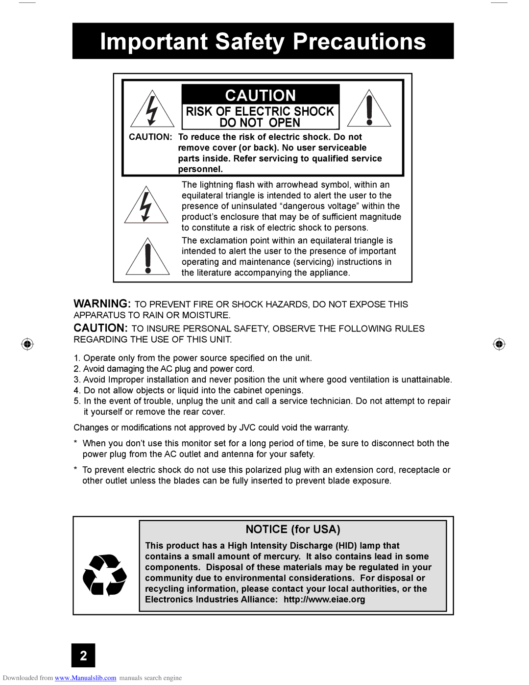 JVC HD-61G587 manual Important Safety Precautions 