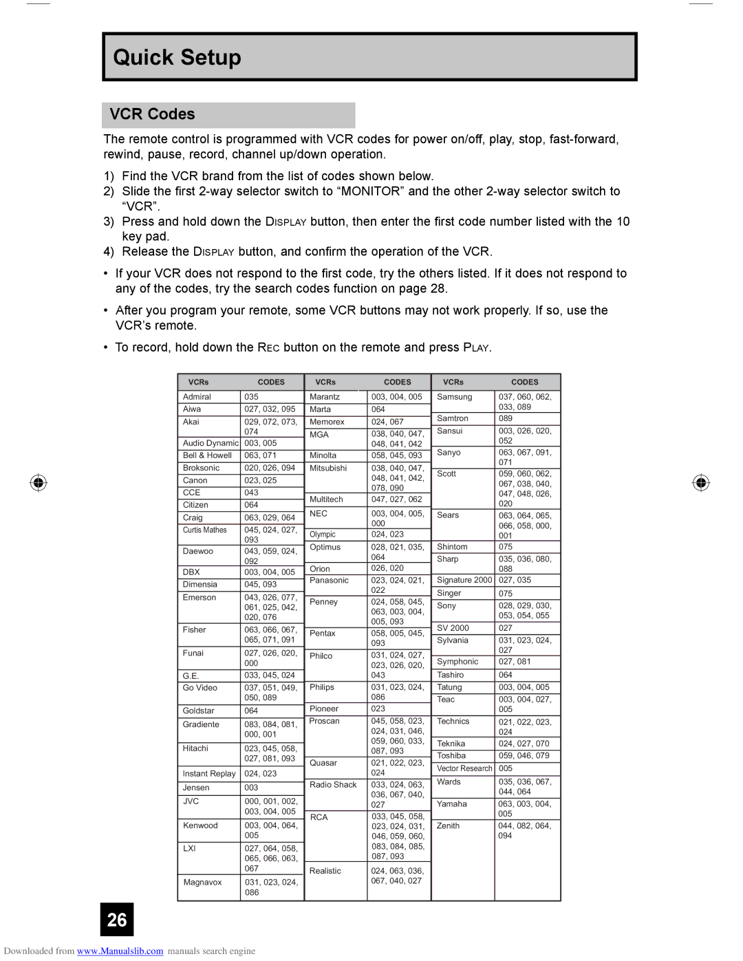 JVC HD-61G587 manual VCR Codes, Mga 