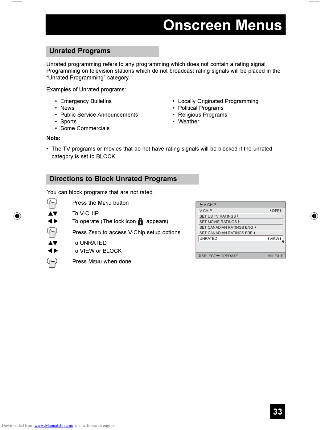 JVC HD-61G587 manual Directions to Block Unrated Programs 