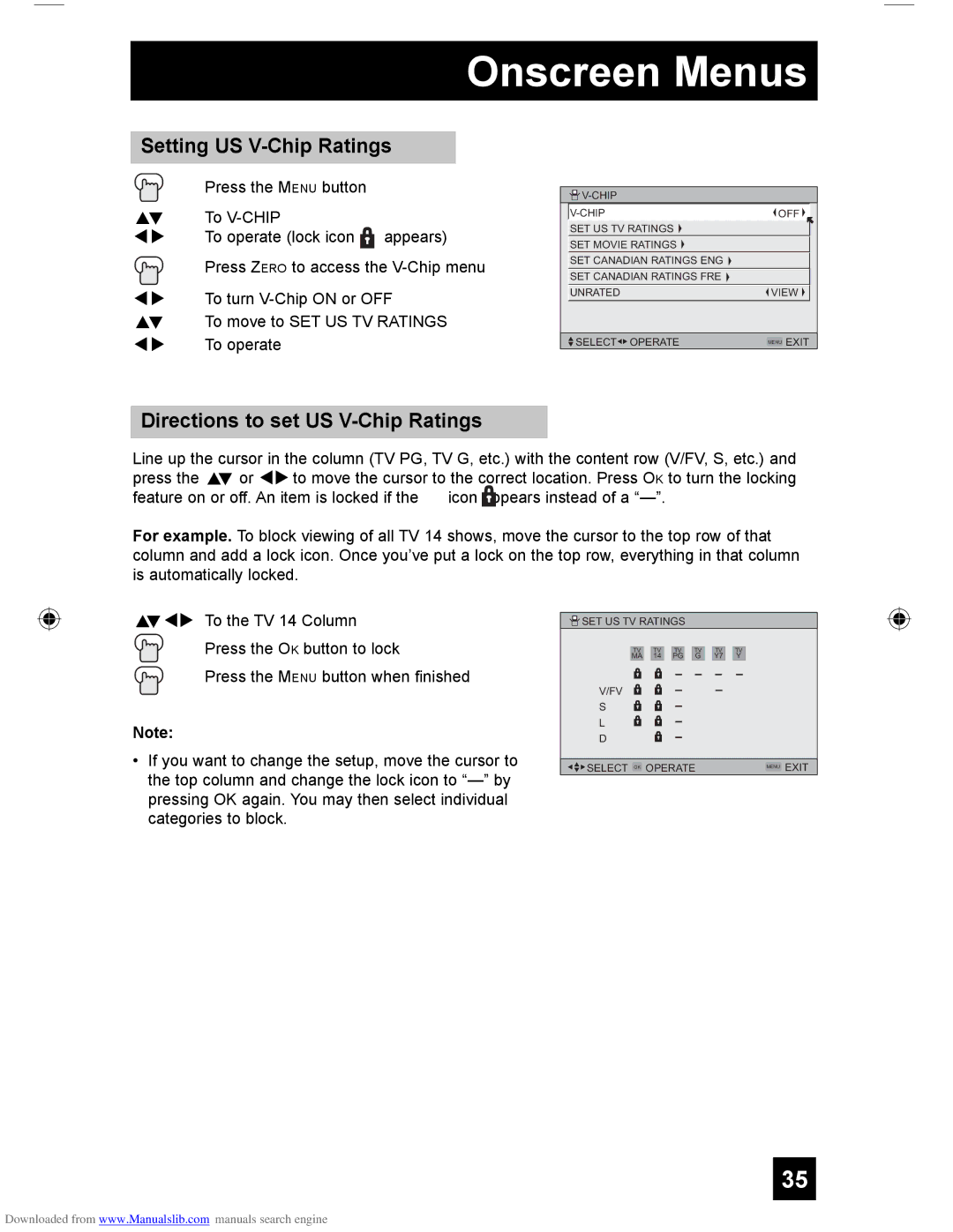 JVC HD-61G587 manual Setting US V-Chip Ratings, Directions to set US V-Chip Ratings 