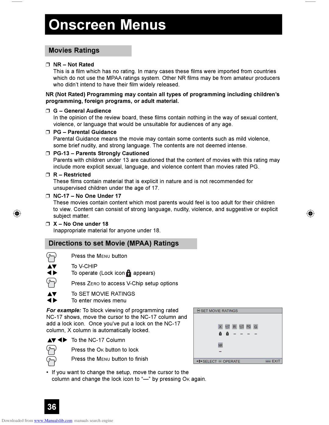 JVC HD-61G587 manual Movies Ratings, Directions to set Movie Mpaa Ratings 