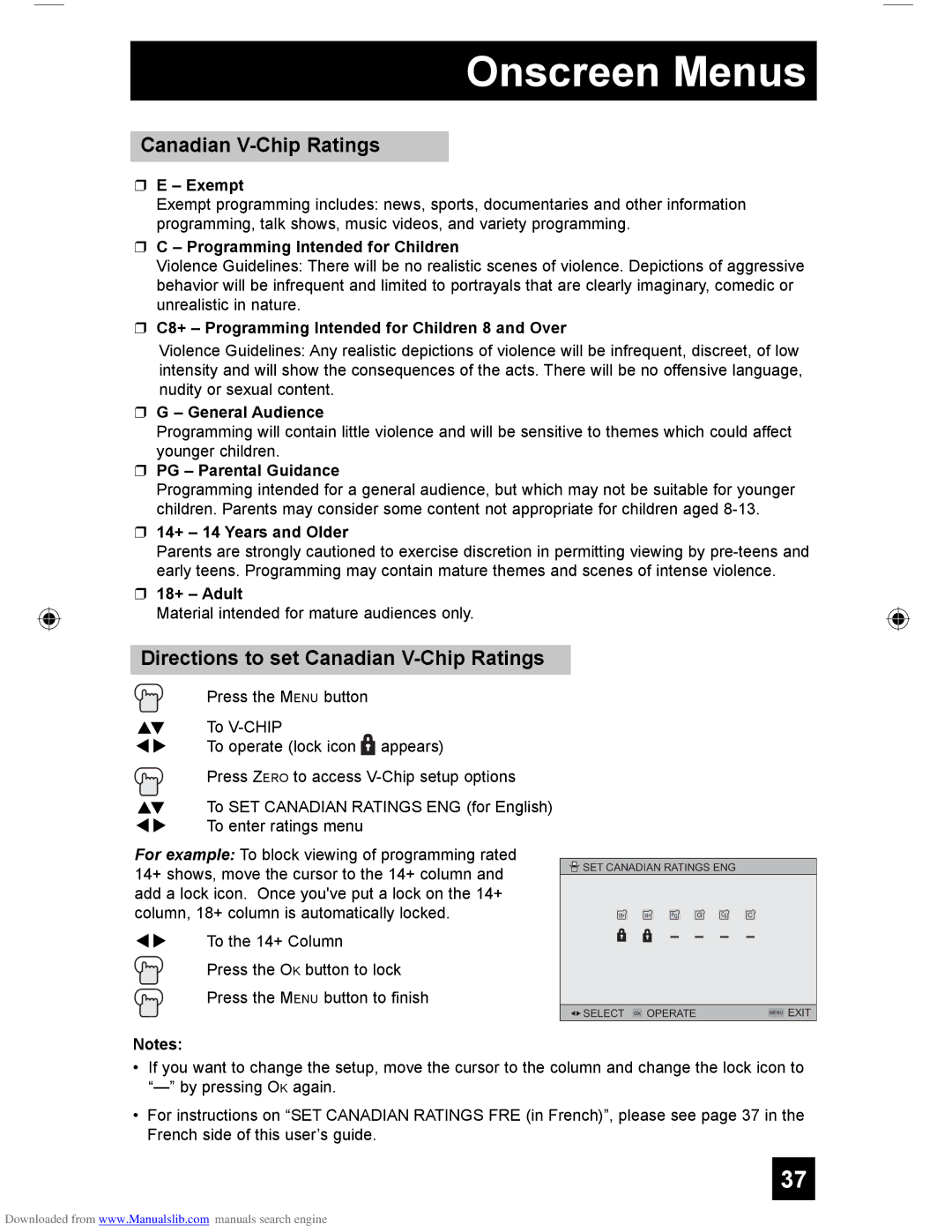 JVC HD-61G587 manual Directions to set Canadian V-Chip Ratings 