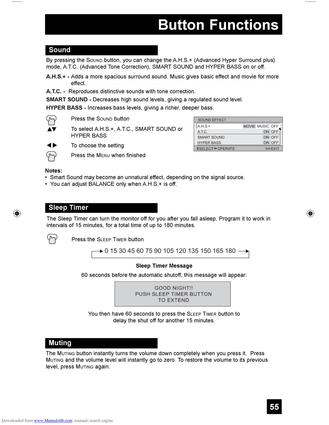 JVC HD-61G587 manual Sound, Muting, Sleep Timer Message 