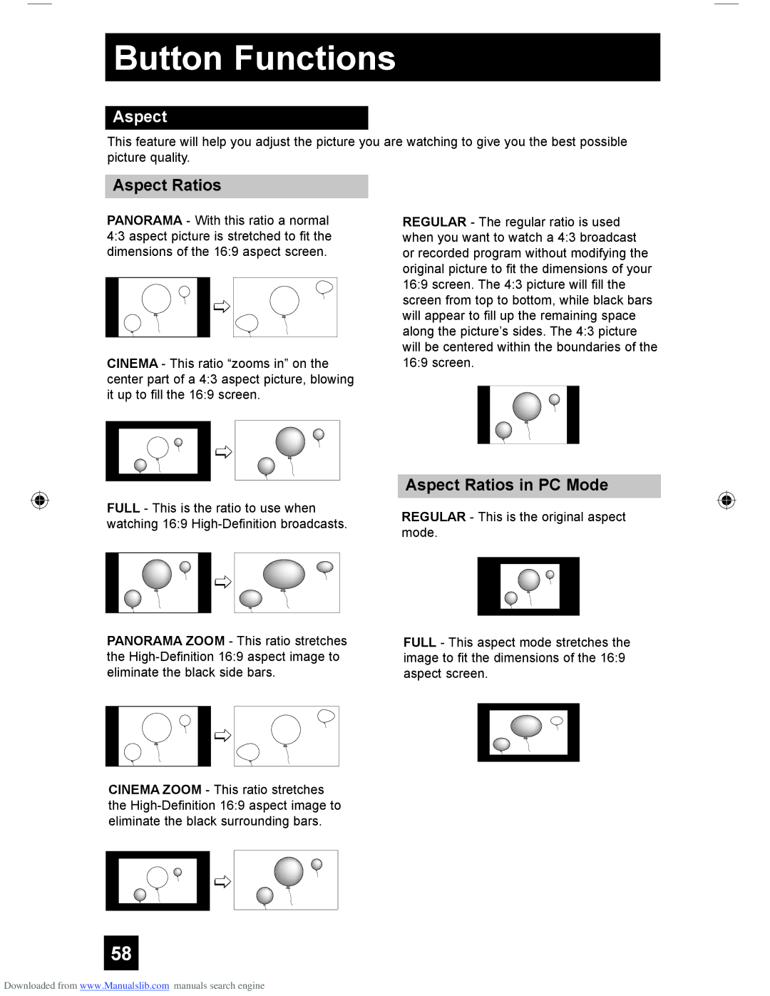 JVC HD-61G587 manual Aspect Ratios in PC Mode 