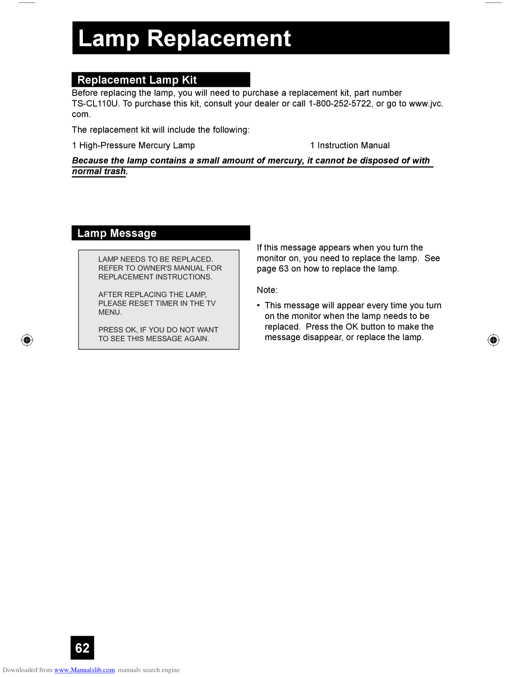 JVC HD-61G587 manual Replacement Lamp Kit, Lamp Message 