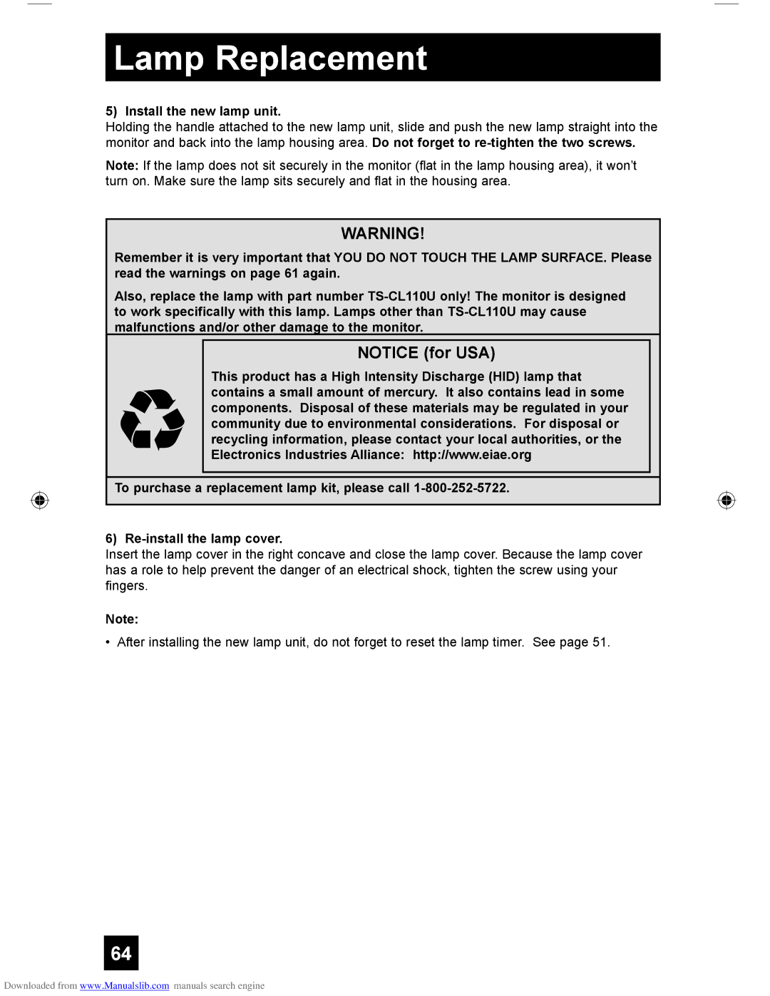 JVC HD-61G587 manual Install the new lamp unit 