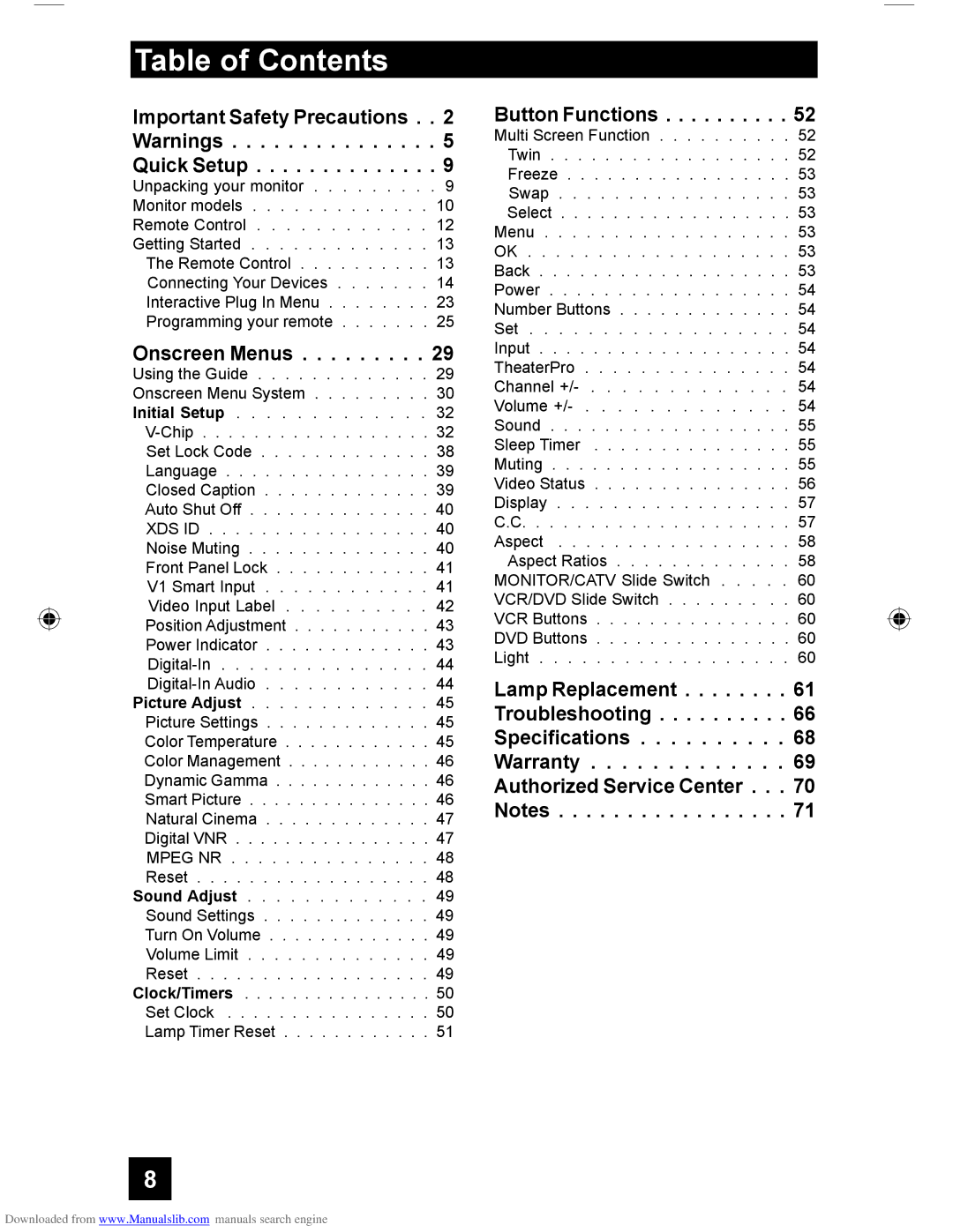 JVC HD-61G587 manual Table of Contents 