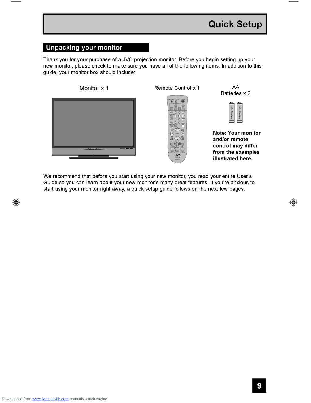 JVC HD-61G587 manual Quick Setup, Unpacking your monitor 