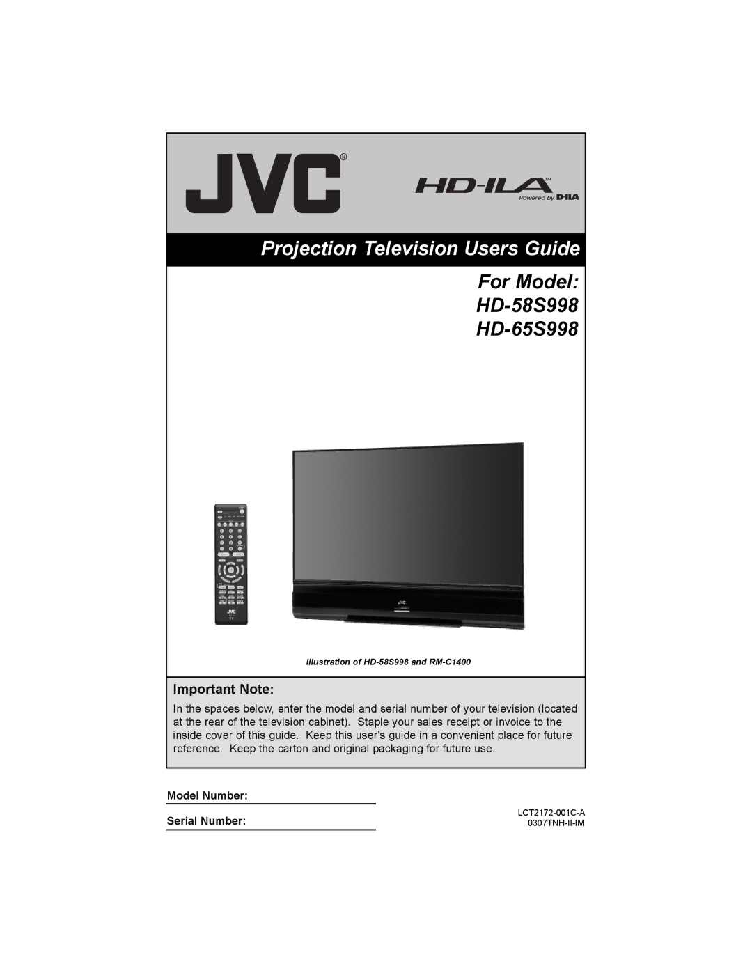 JVC HD-65S998 manual Projection Television Users Guide 