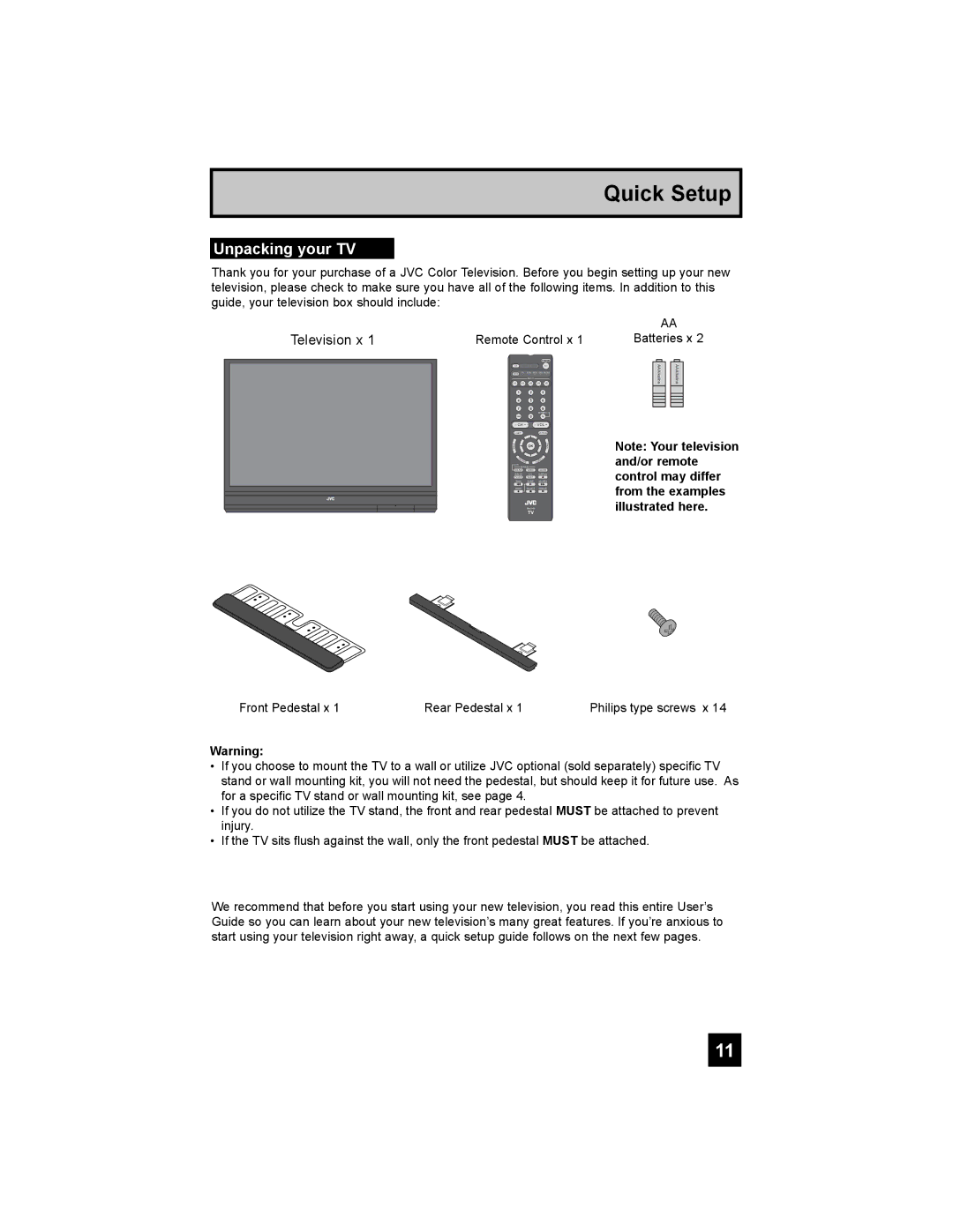 JVC HD-65S998 manual Quick Setup, Unpacking your TV 