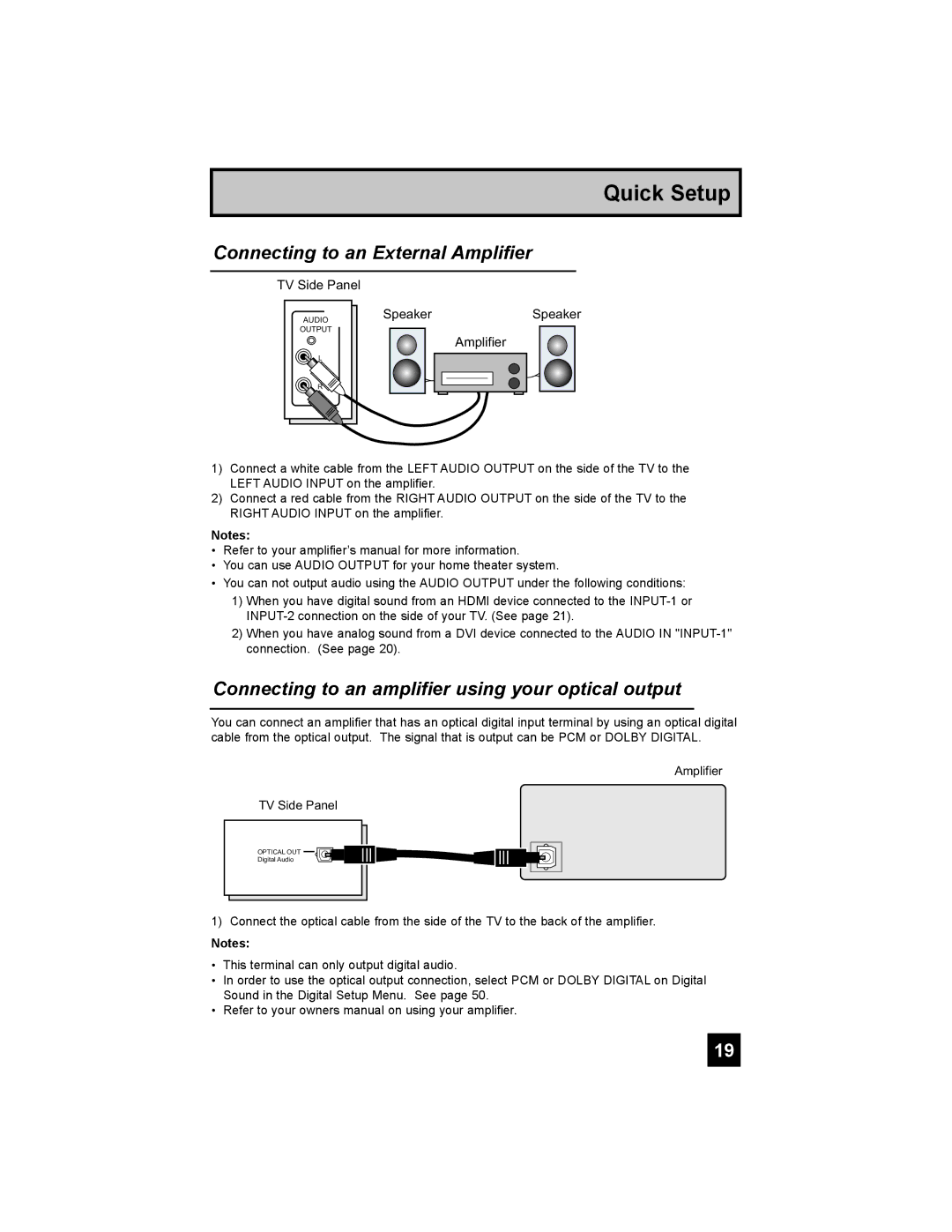 JVC HD-65S998 manual Connecting to an External Amplifier, Connecting to an amplifier using your optical output 