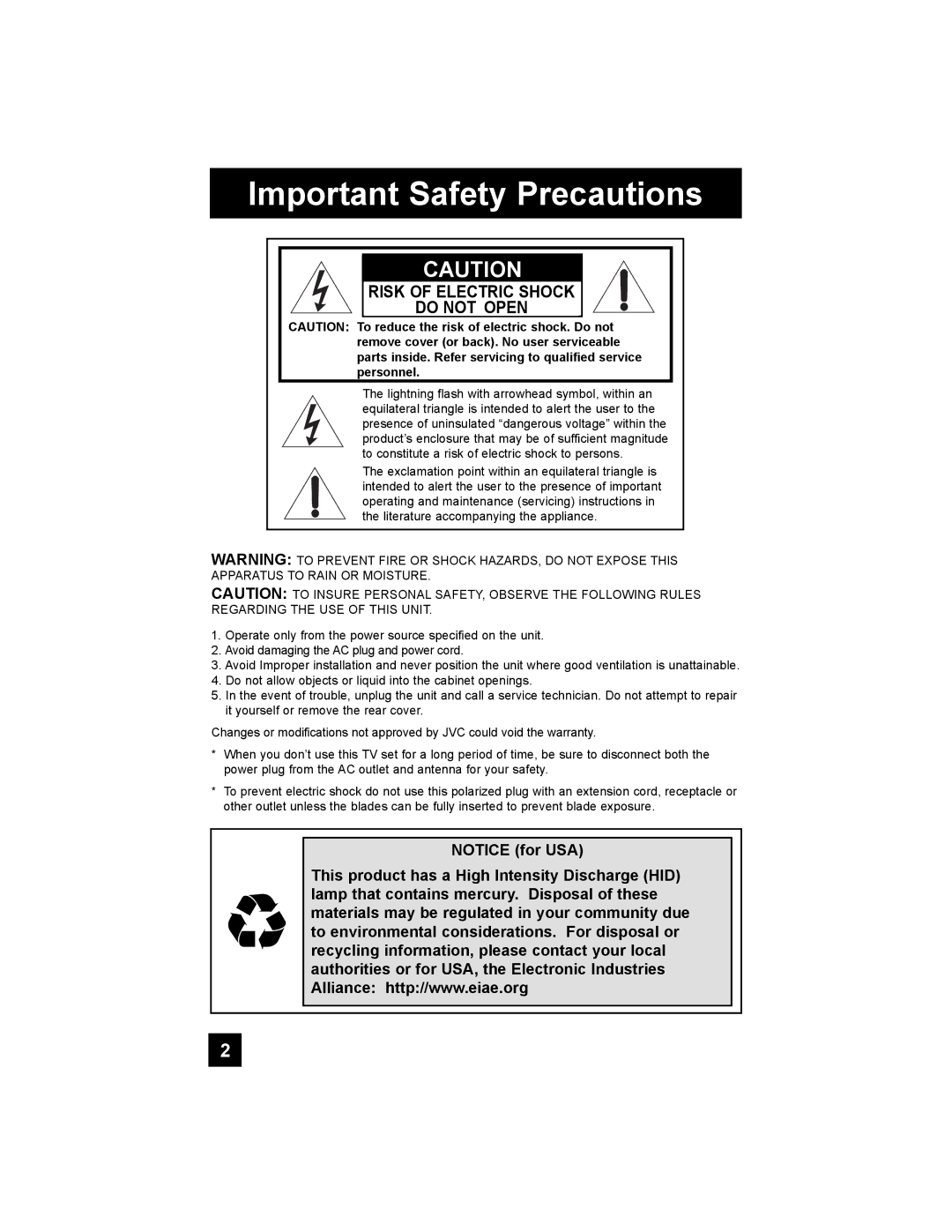 JVC HD-65S998 manual Important Safety Precautions 