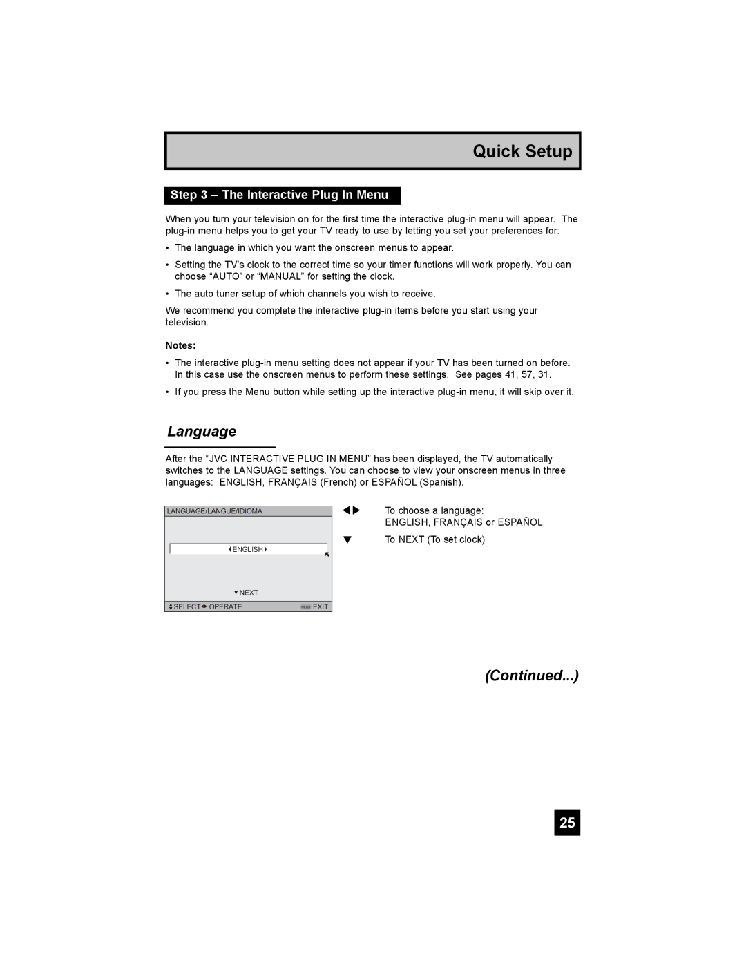 JVC HD-65S998 manual Language, Interactive Plug In Menu 