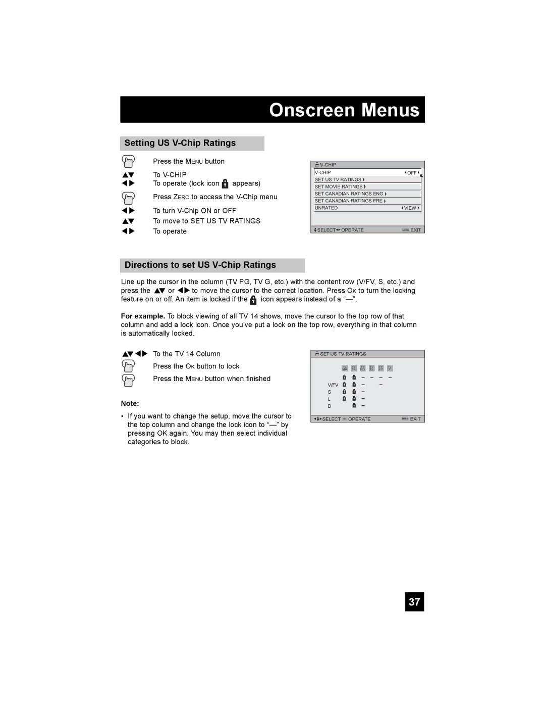 JVC HD-65S998 manual Setting US V-Chip Ratings, Directions to set US V-Chip Ratings 