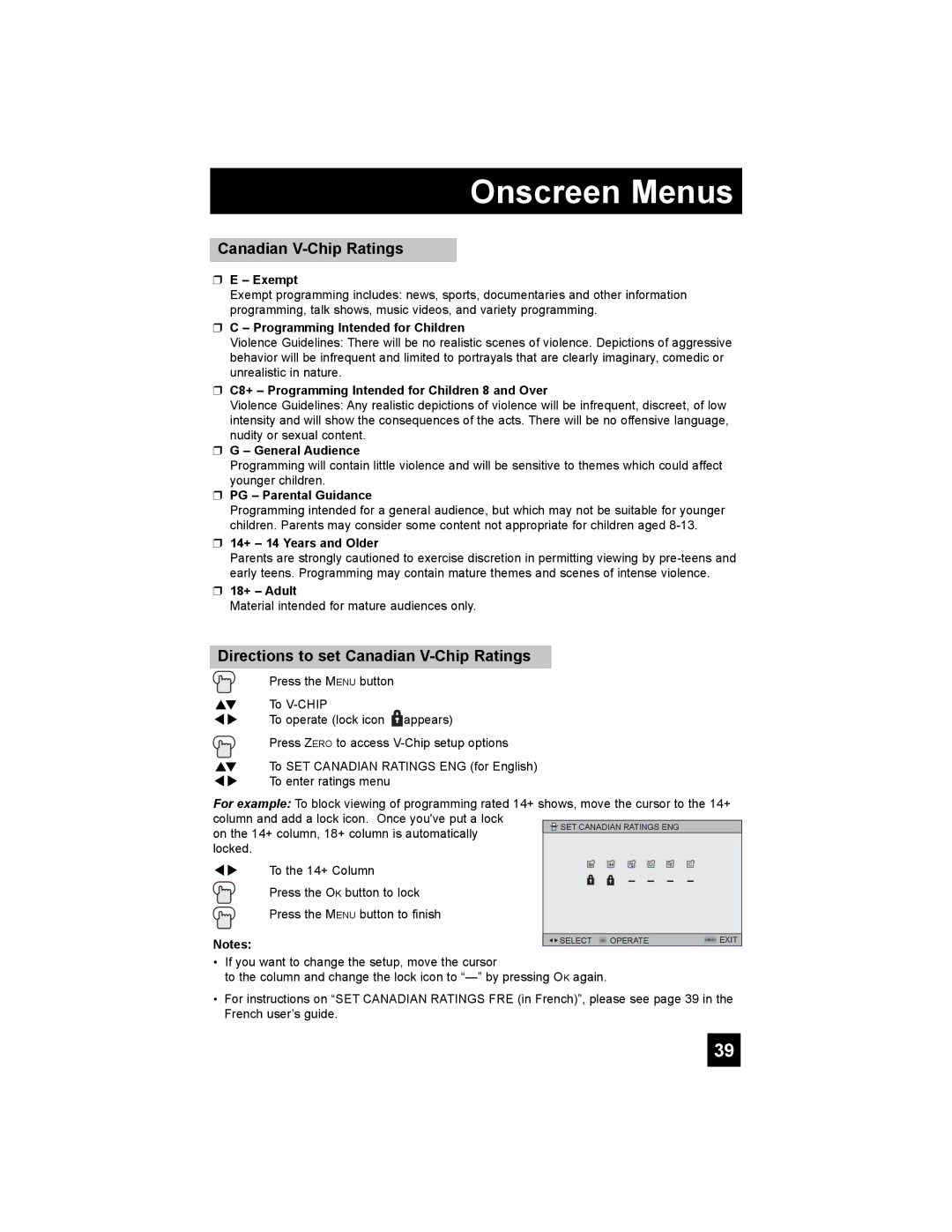 JVC HD-65S998 manual Directions to set Canadian V-Chip Ratings 