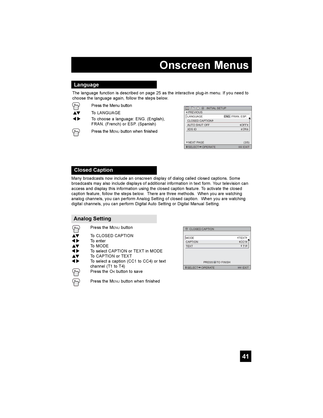 JVC HD-65S998 manual Language, Closed Caption, Analog Setting 