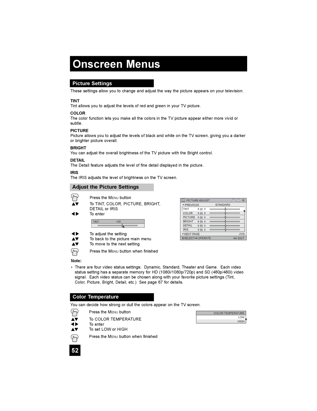 JVC HD-65S998 manual Adjust the Picture Settings, Color Temperature 