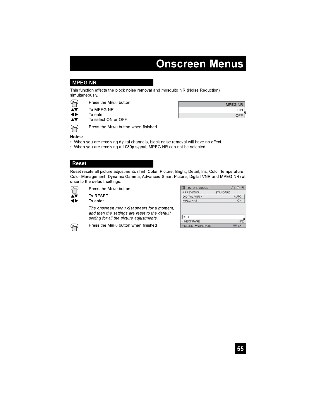 JVC HD-65S998 manual Mpeg NR, Reset 