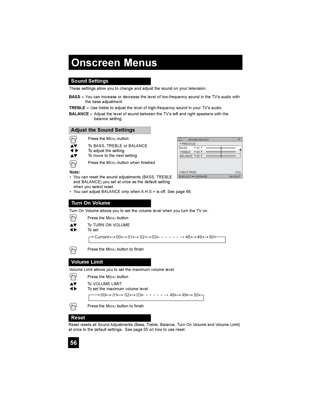 JVC HD-65S998 manual Adjust the Sound Settings, Turn On Volume, Volume Limit 