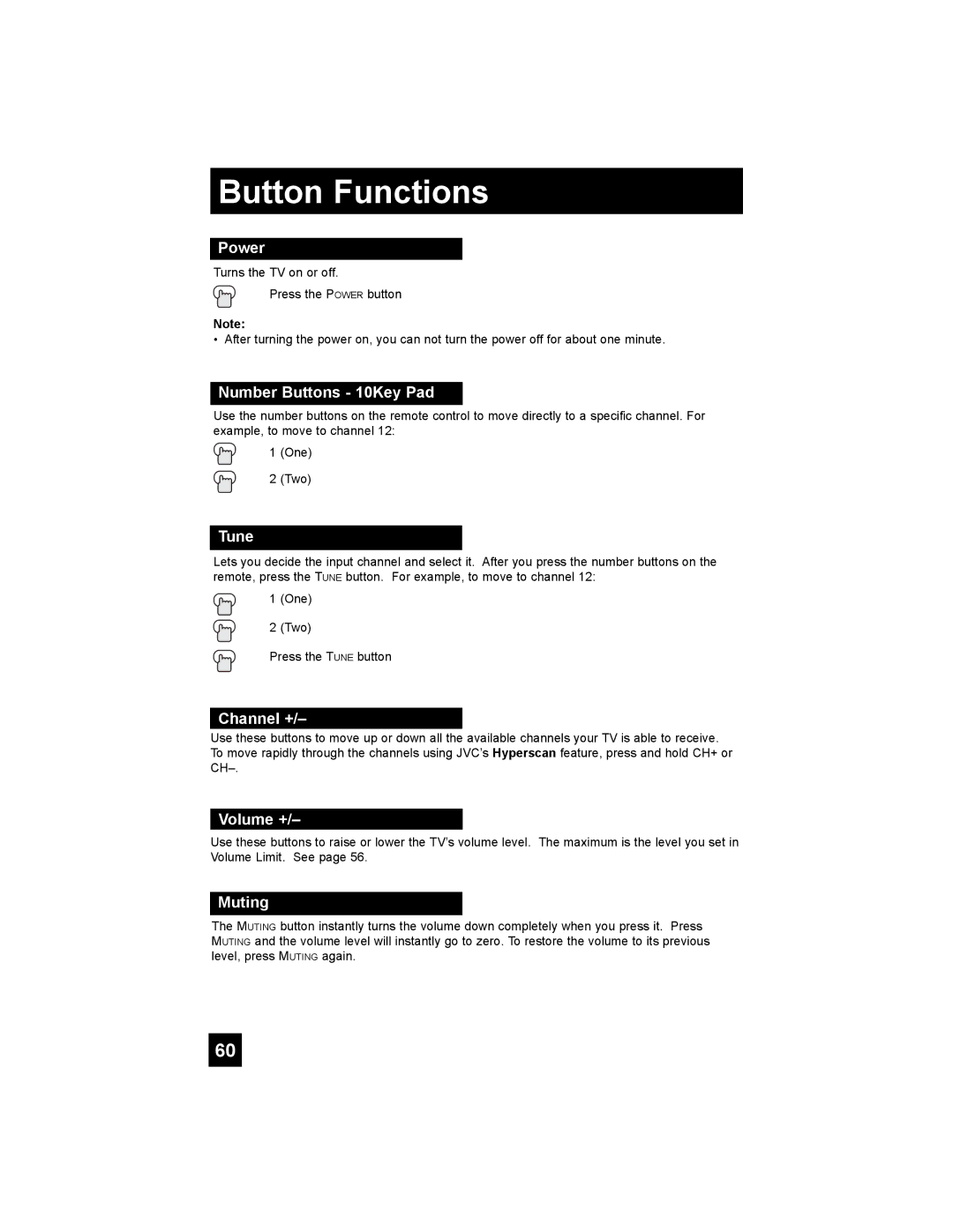 JVC HD-65S998 manual Power, Number Buttons 10Key Pad, Tune, Channel +, Volume +, Muting 