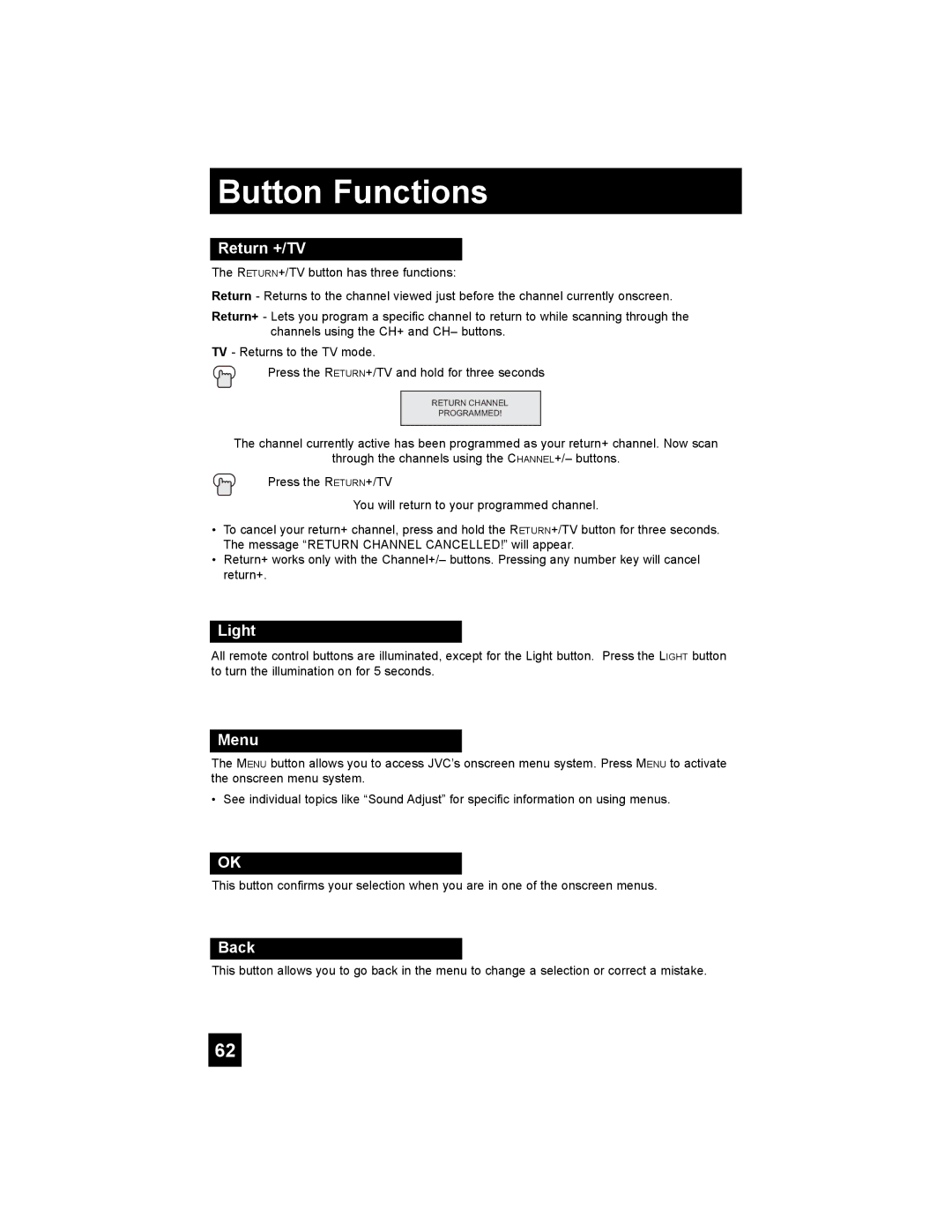 JVC HD-65S998 manual Return +/TV, Light, Menu, Back 