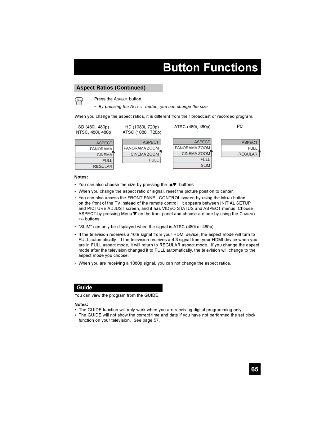 JVC HD-65S998 manual Guide, By pressing the Aspect button, you can change the size 