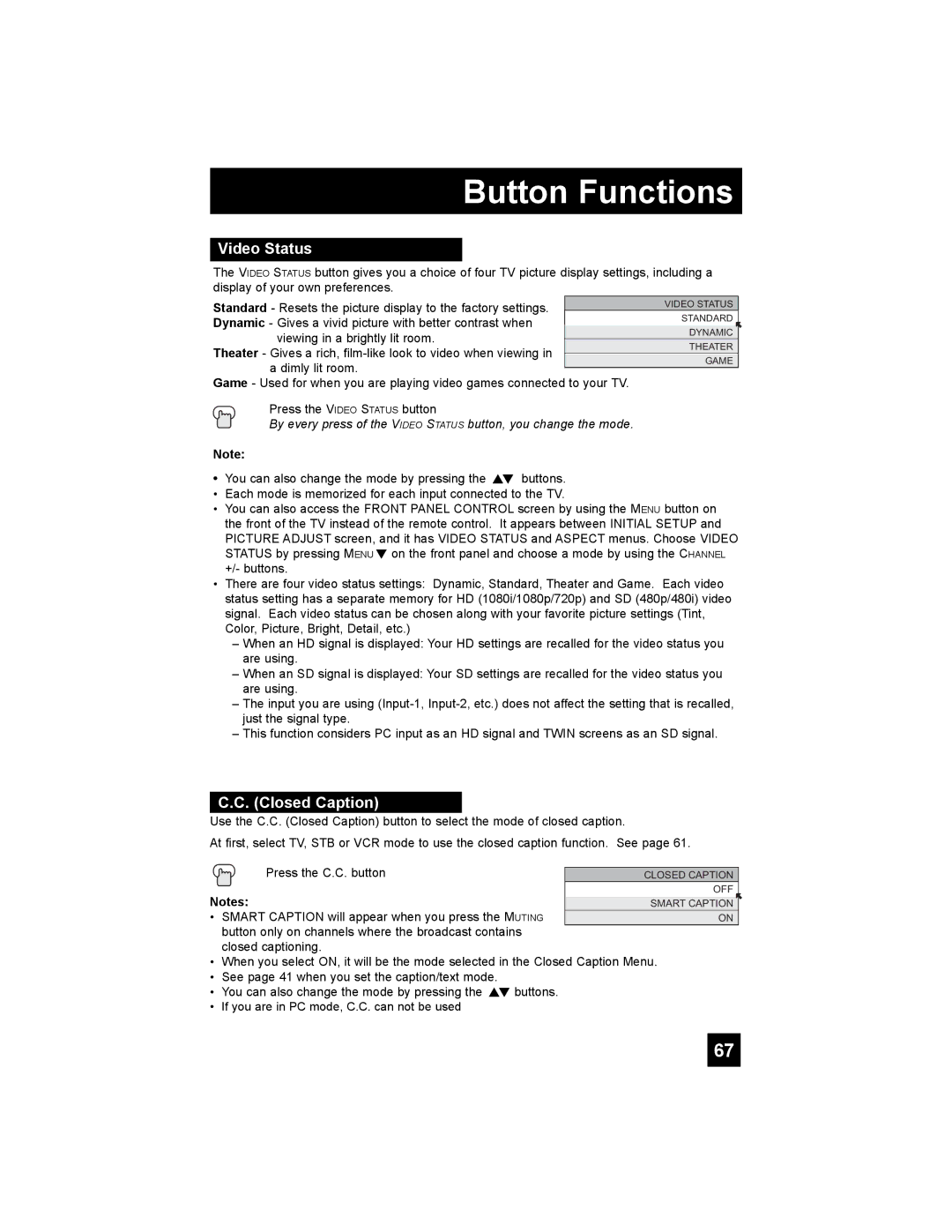 JVC HD-65S998 manual Video Status, Closed Caption 