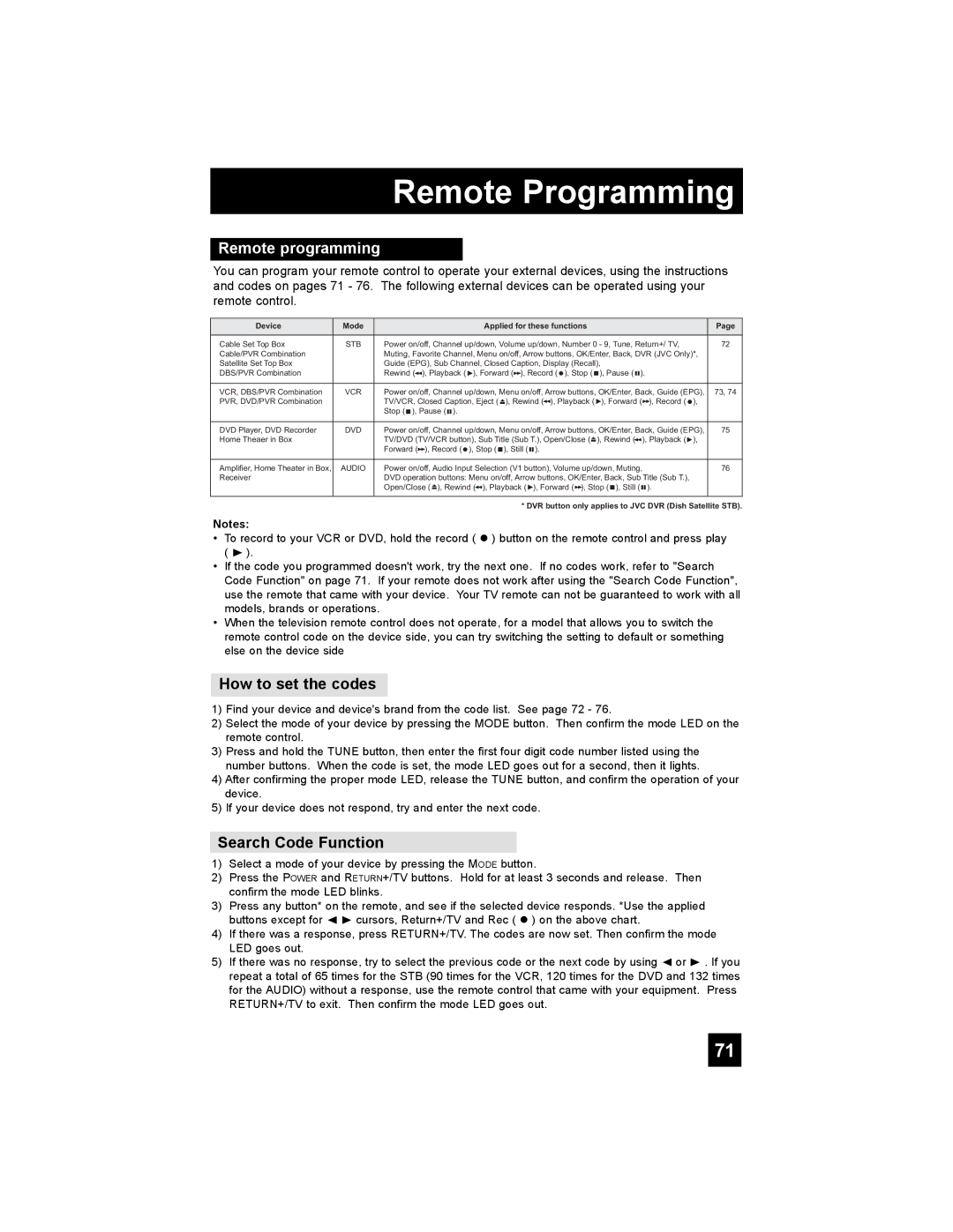 JVC HD-65S998 manual Remote programming, How to set the codes, Search Code Function 