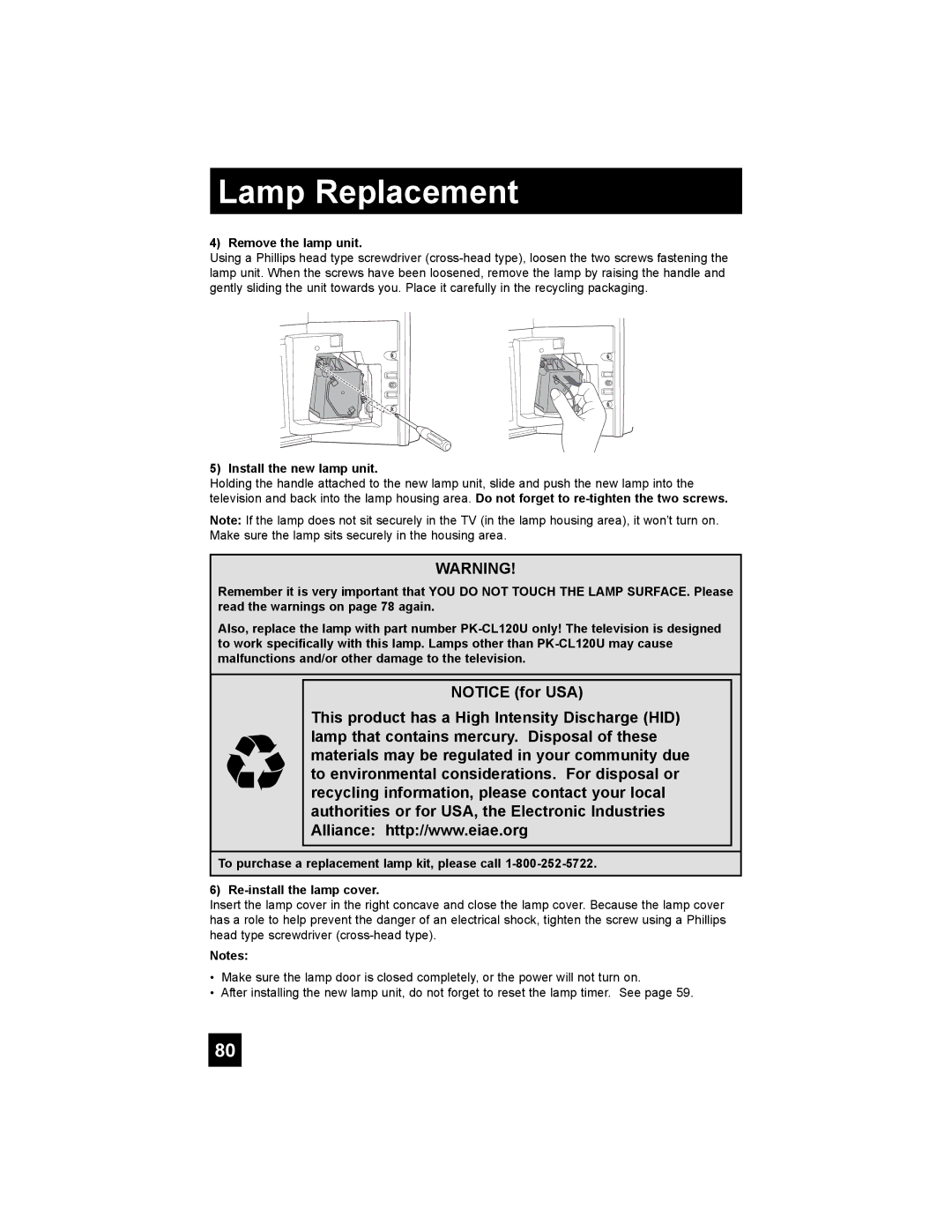 JVC HD-65S998 manual Remove the lamp unit, Install the new lamp unit 