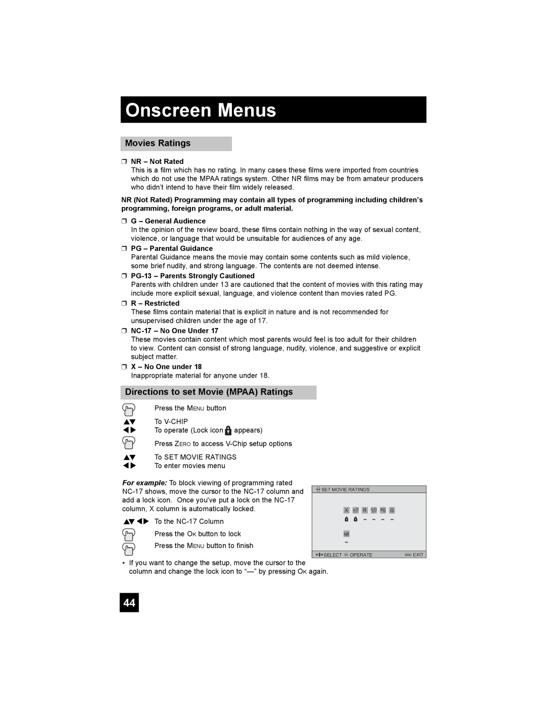 JVC HD-61FH97, HD-70FN97, HD-70FH97, HD-61FN97, HD-56FN97 manual Movies Ratings, Directions to set Movie Mpaa Ratings 