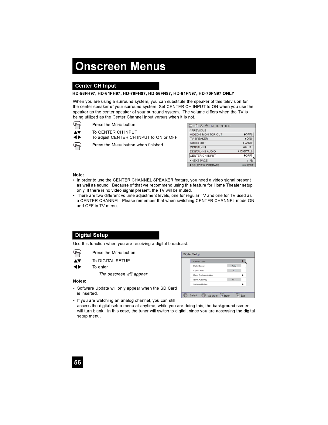 JVC HD-70FH97, HD-70FN97, HD-61FN97, HD-56FN97, HD-61FH97 manual Center CH Input, Digital Setup 
