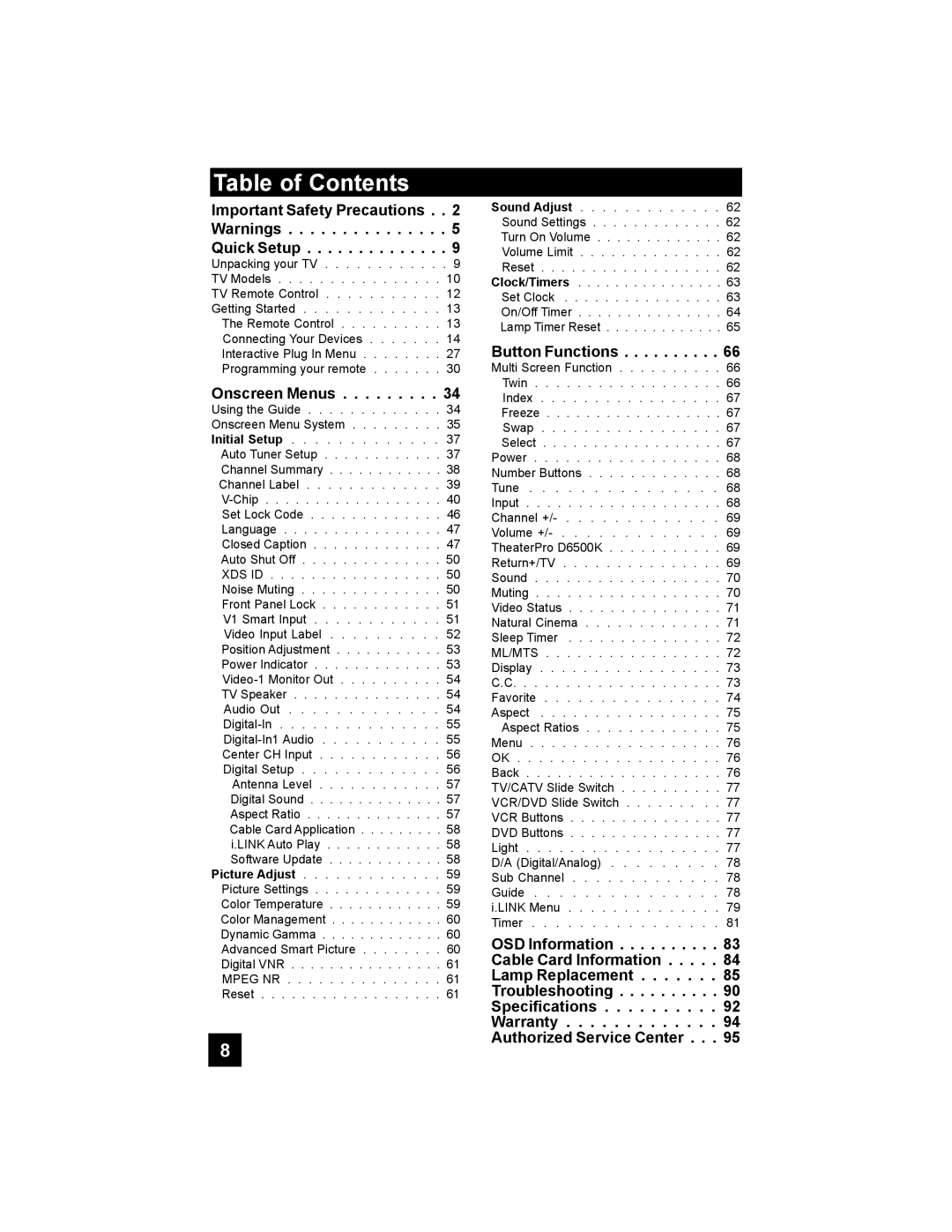 JVC HD-56FN97, HD-70FN97, HD-70FH97, HD-61FN97, HD-61FH97 manual Table of Contents 