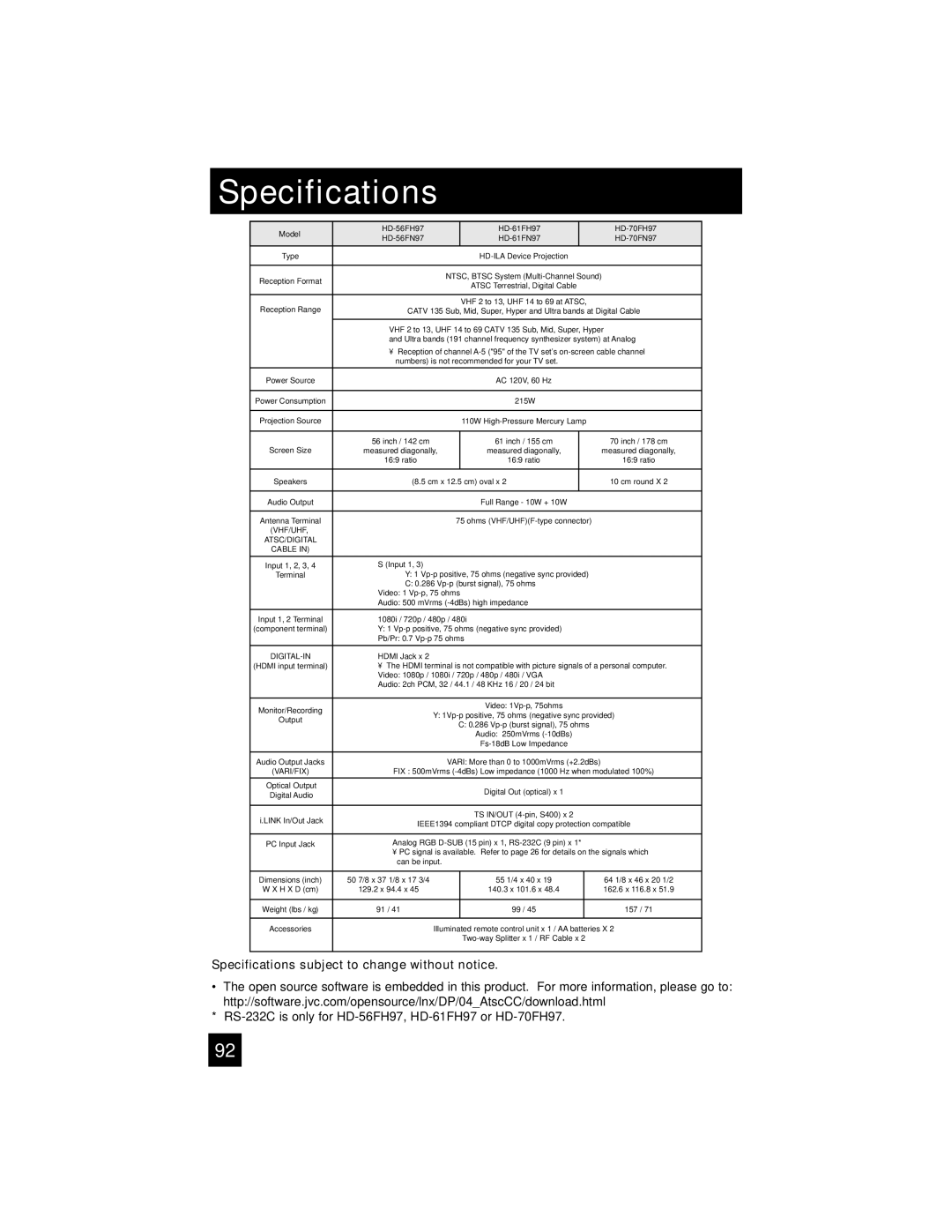 JVC HD-61FN97, HD-70FN97, HD-70FH97, HD-56FN97, HD-61FH97 manual Specifications subject to change without notice 