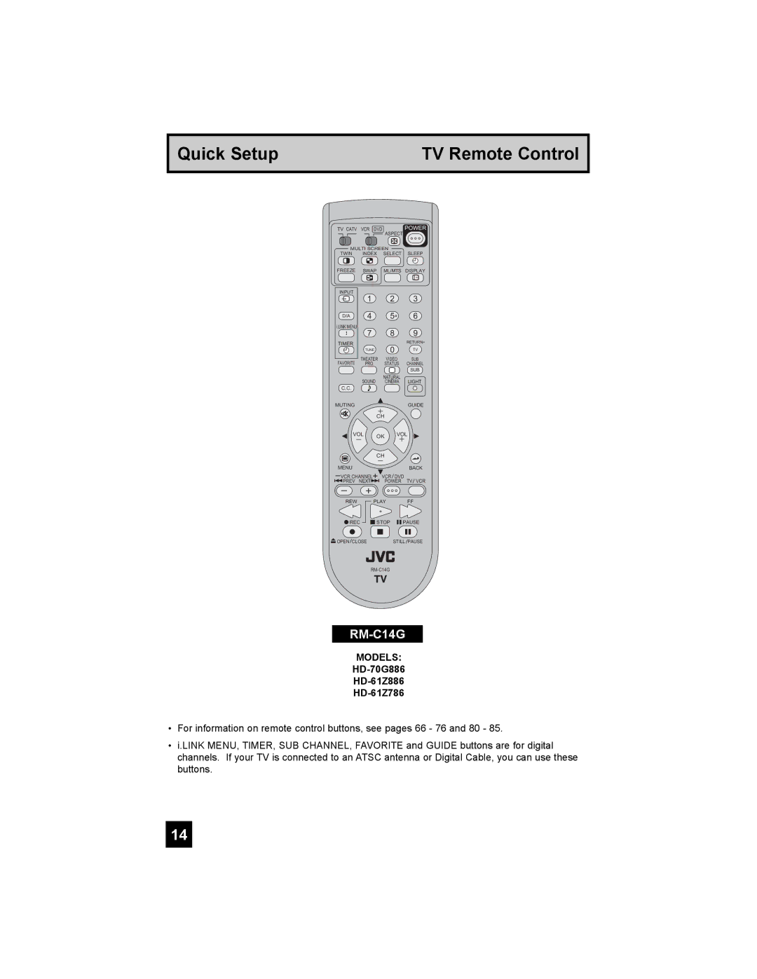 JVC HD-61Z786, HD-70G886, HD-61Z886 manual Quick Setup TV Remote Control 