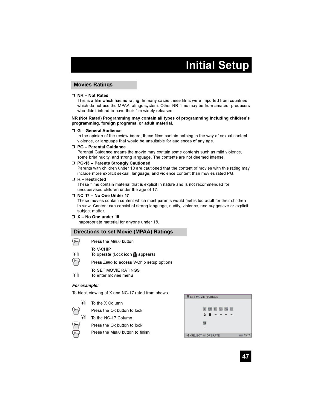 JVC HD-61Z786, HD-70G886, HD-61Z886 manual Movies Ratings, Directions to set Movie Mpaa Ratings 