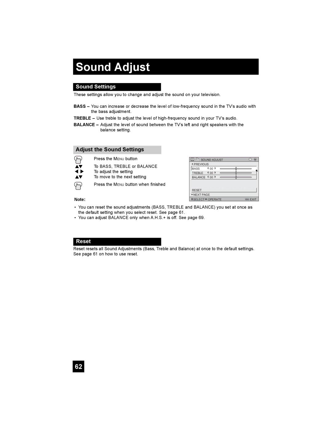 JVC HD-61Z786, HD-70G886, HD-61Z886 manual Sound Adjust, Adjust the Sound Settings 