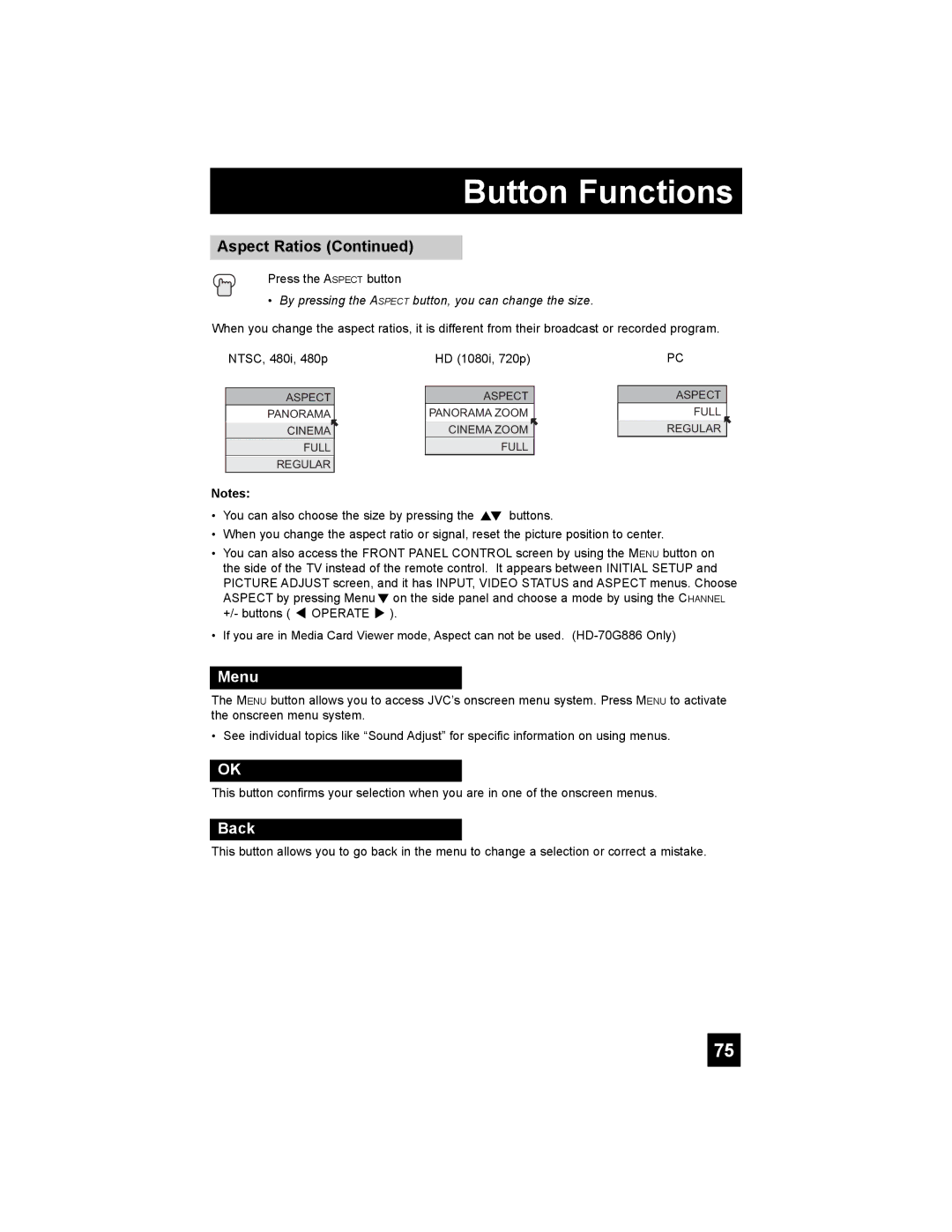 JVC HD-70G886, HD-61Z886, HD-61Z786 manual Menu, Back 