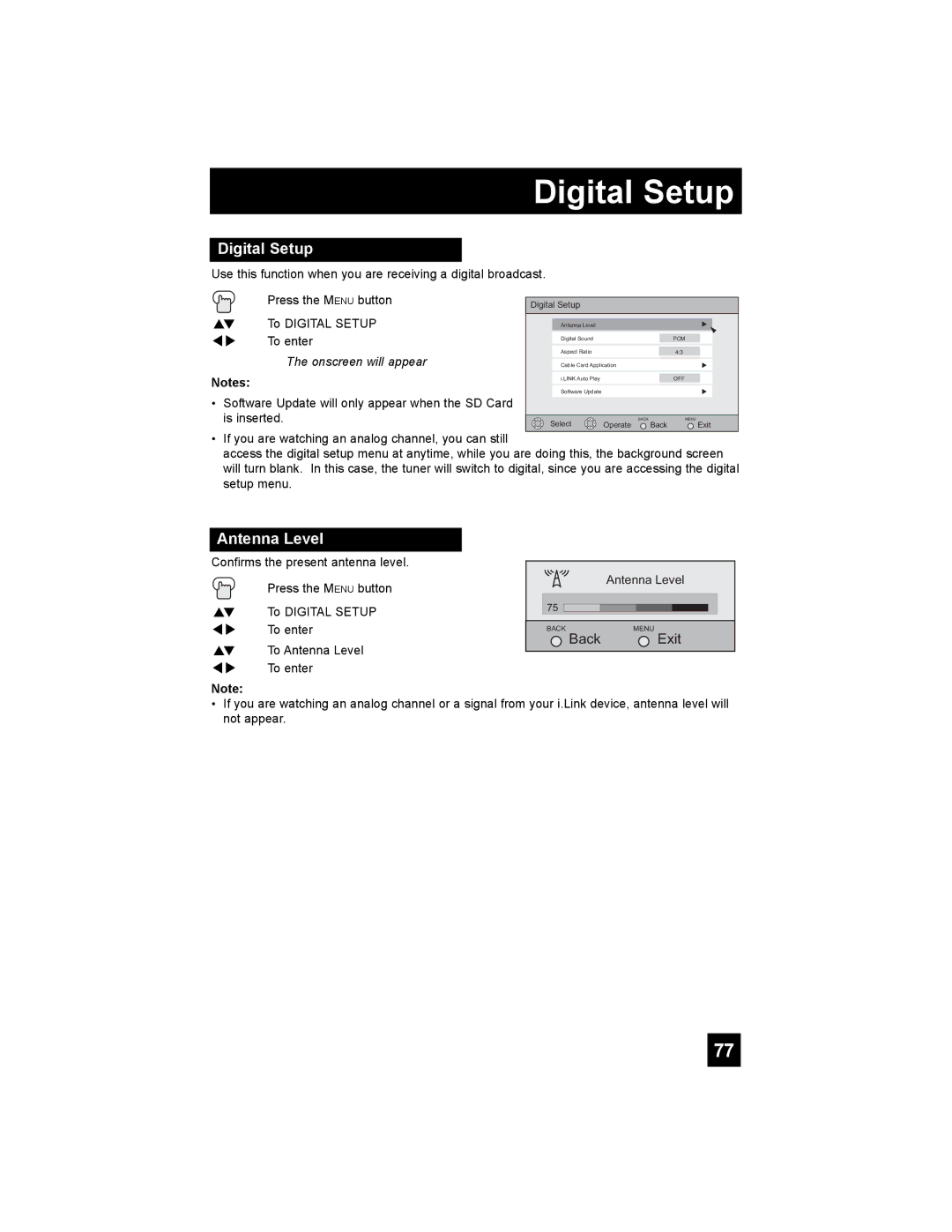 JVC HD-61Z786, HD-70G886, HD-61Z886 manual Digital Setup, Antenna Level 