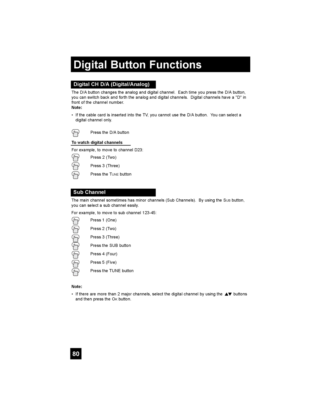 JVC HD-61Z786, HD-70G886 Digital Button Functions, Digital CH D/A Digital/Analog, Sub Channel, To watch digital channels 