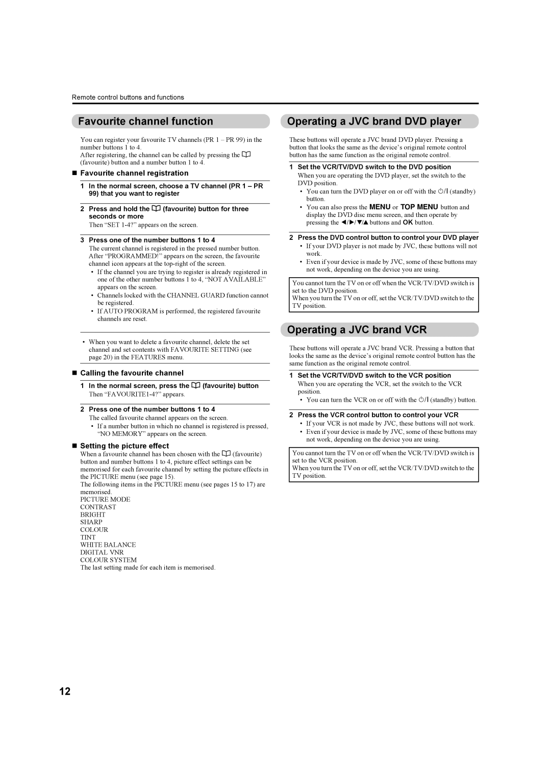 JVC HD-Z70RX5, HD-Z56RX5 manual Favourite channel function, Operating a JVC brand DVD player, Operating a JVC brand VCR 