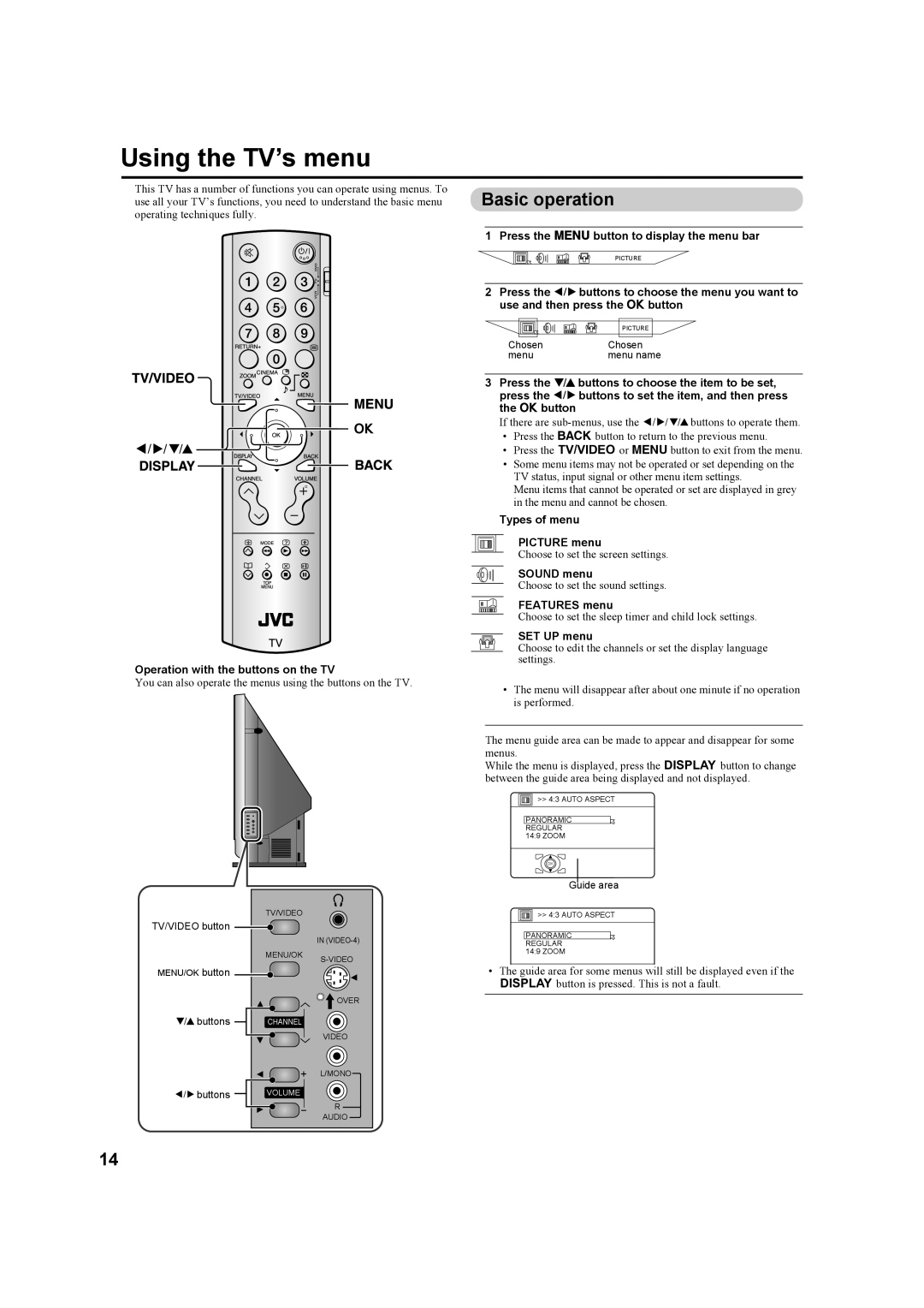 JVC HD-Z70RX5 manual Using the TV’s menu, Operation with the buttons on the TV, Press the Hbutton to display the menu bar 