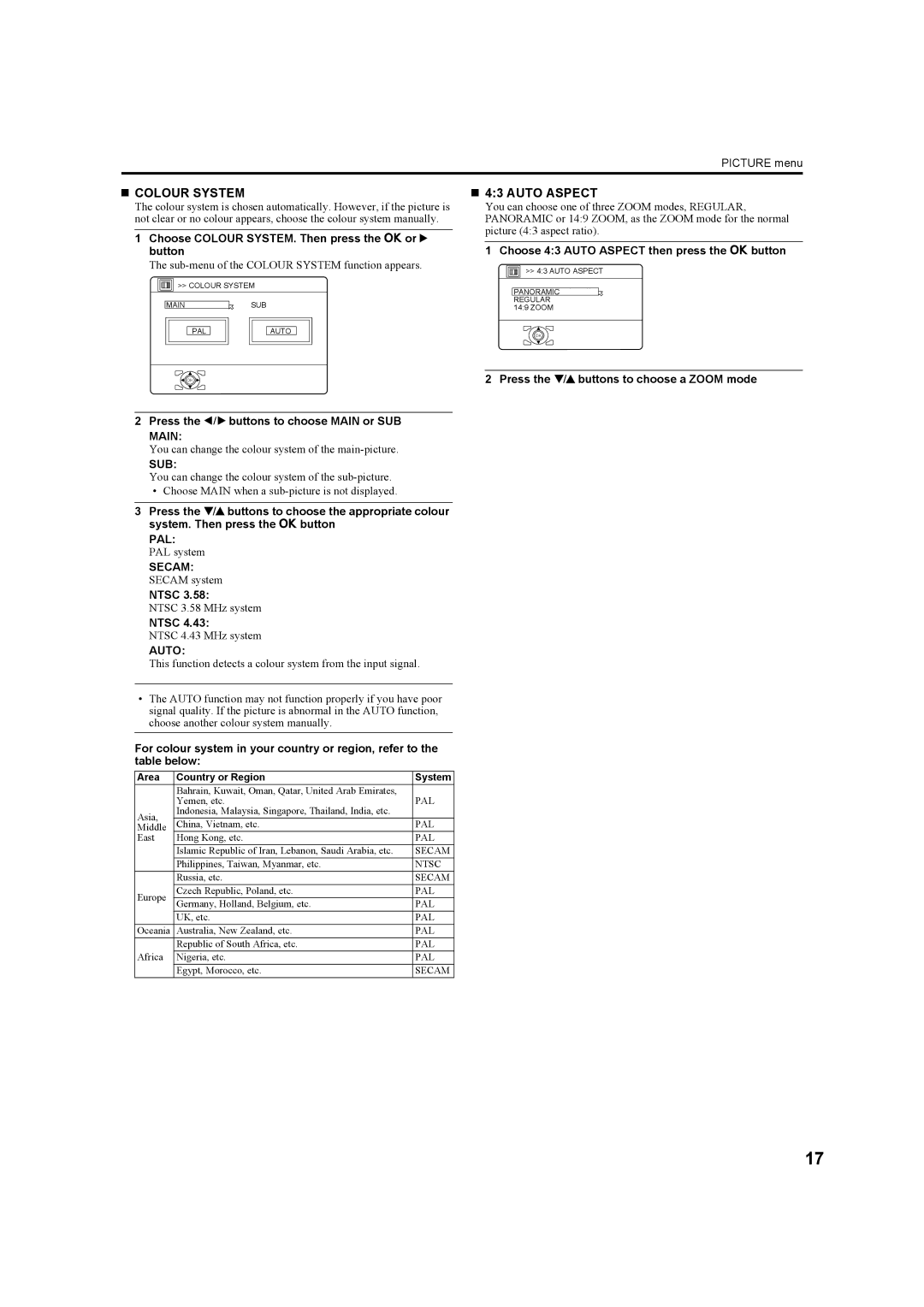 JVC HD-Z56RX5, HD-Z70RX5 manual „ Colour System, „ 43 Auto Aspect 